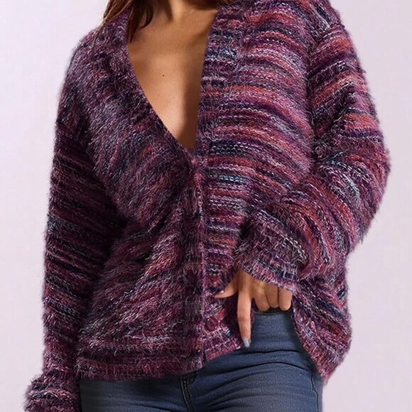 Womens Cardigan Sweaters 2025 Fall Striped Long Sleeve V Neck Button Down Knit F - Picture 3 of 4